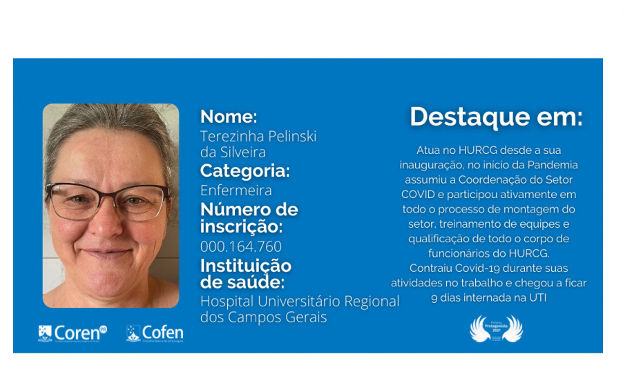 Enfermeira do HU-UEPG concorre a Prêmio Protagonista 2021 do Coren-PR