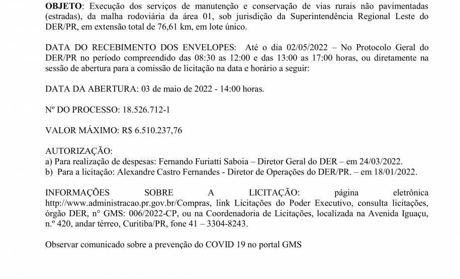 DER/PR lança editais de conservação e recuperação para Guaraqueçaba e Morretes