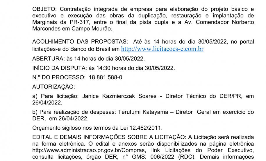DER/PR lança edital de duplicação de rodovias em Campo Mourão