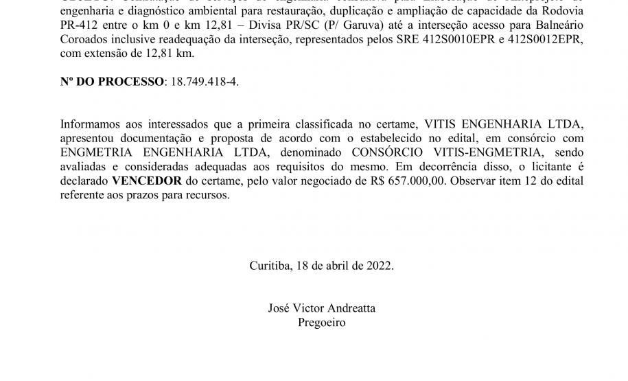 DER/PR define vencedor da licitação do anteprojeto de duplicação entre Guaratuba e Santa Catarina
