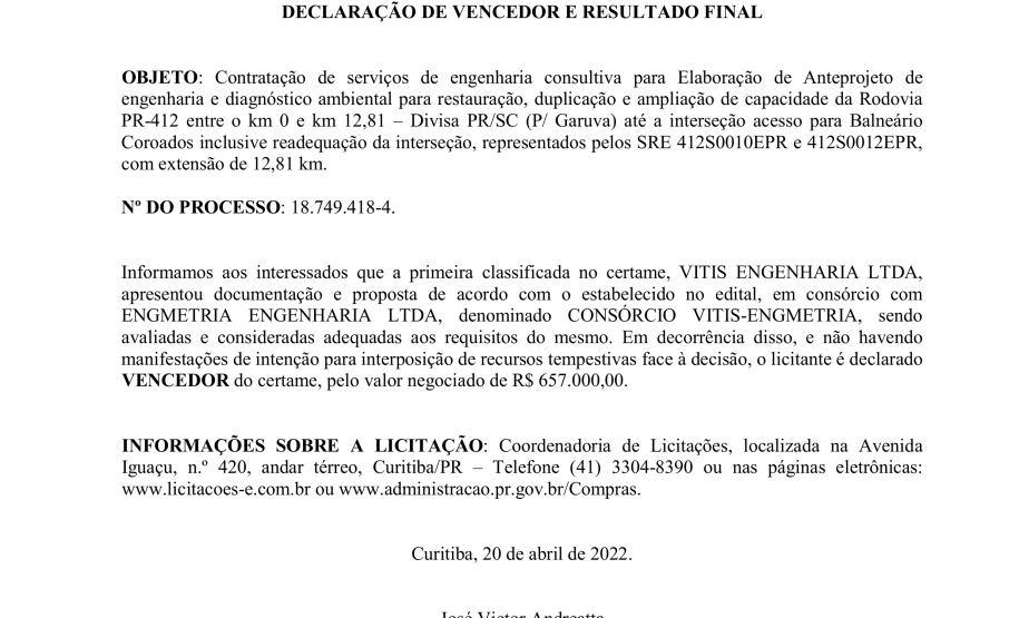 DER publica resultado final da licitação do anteprojeto de duplicação entre Guaratuba e SC
