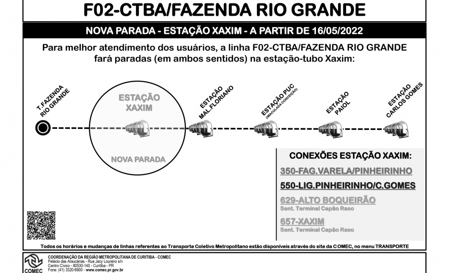 Linha F02 CTBA/FAZENDA fará parada na Estação Tubo Xaxim