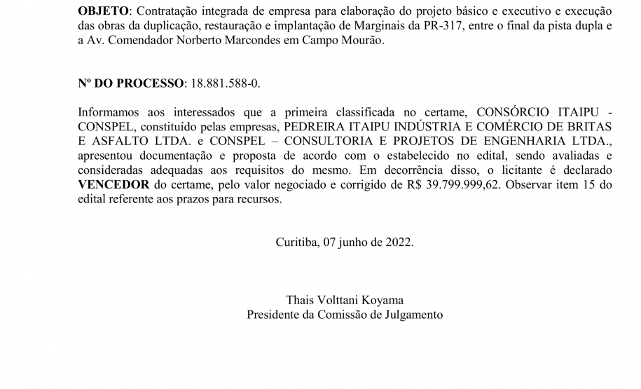DER/PR define vencedor da licitação para duplicar rodovia em Campo Mourão