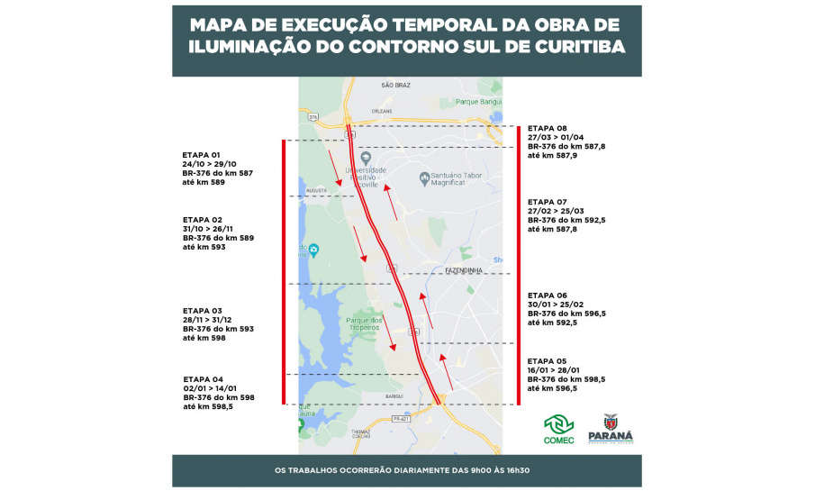 Obras de Iluminação no Contorno Sul de Curitiba começam nesta segunda-feira