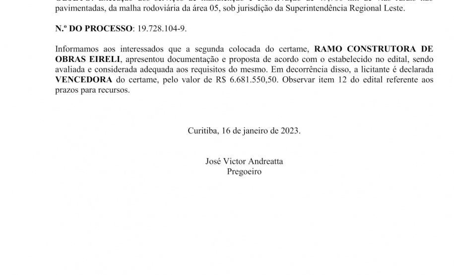 DERPR define vencedor de licitação para conservação de rodovias no Sul do Estado