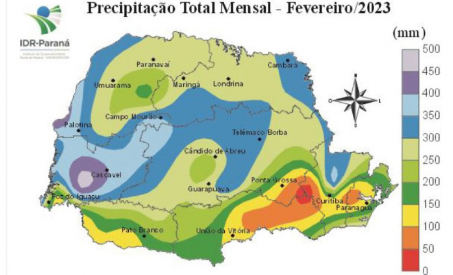 Precipitação (mm) registrada em fevereiro de 2023 no Paraná. Fonte: IDR-Paraná e Simepar.