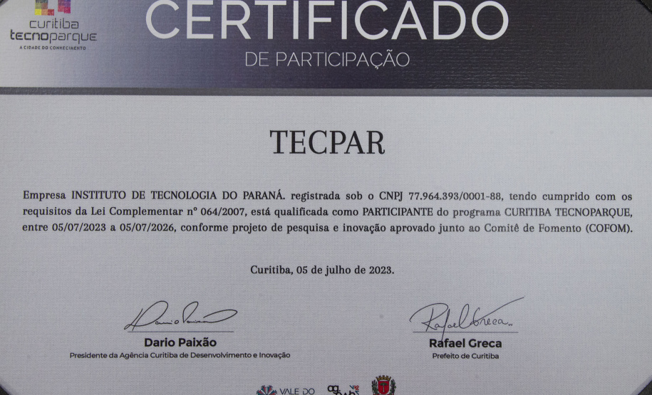 O Instituto de Tecnologia do Paraná (Tecpar) recebeu, nesta sexta-feira (28), o certificado de participação no Programa Tecnoparque, da Prefeitura Municipal de Curitiba.