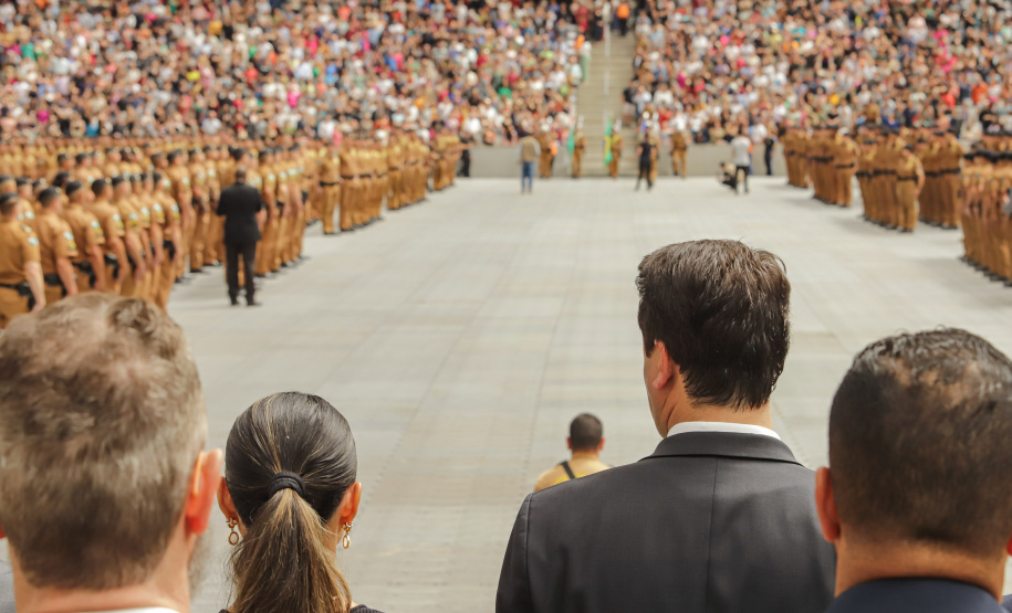 Curitiba, 12 de setembro de 2023 - O governador Carlos Massa Ratinho Jr. participa da formatura de soldados da Polícia Militar do Paraná na Ligga Arena.