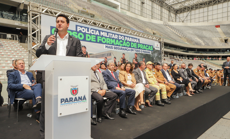Curitiba, 12 de setembro de 2023 - O governador Carlos Massa Ratinho Jr. participa da formatura de soldados da Polícia Militar do Paraná na Ligga Arena.