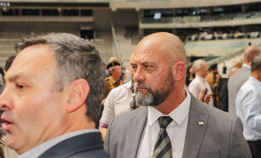 Curitiba, 12 de setembro de 2023 - O governador Carlos Massa Ratinho Jr. participa da formatura de soldados da Polícia Militar do Paraná na Ligga Arena.