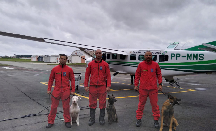 Bombeiros e cães do Paraná embarcaram neste sábado para ajudar o Rio Grande do Sul