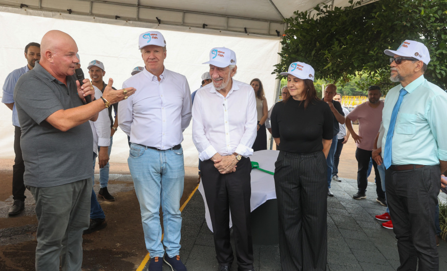 O governador em exercício Darci Piana participou nesta quinta-feira (23) da inauguração do Píer e do sistema Bioflocos da Alpha Fish, que iniciou em 2021 a produção de tilápia em tanques-rede em São Jorge D’Oeste, no Sudoeste do Estado.