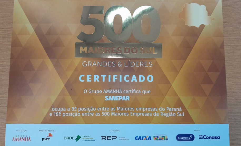 Sanepar é campeã no Setor de Serviços Públicos no Paraná, no ranking da Revista Amanhã