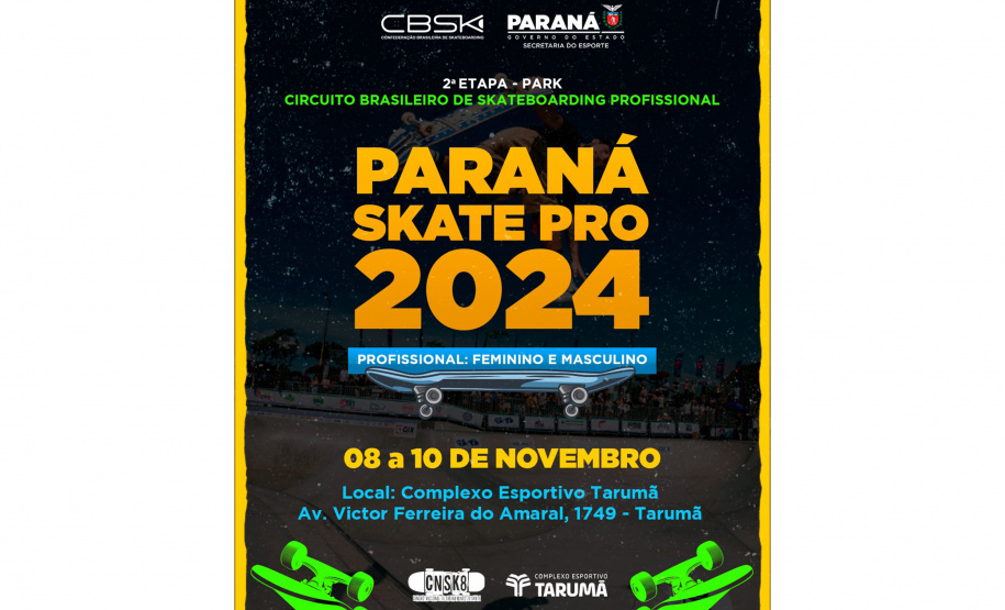 Paraná Skate Pro acontece de sexta (08) a domingo (10) no Complexo Esportivo Tarumã, em Curitiba