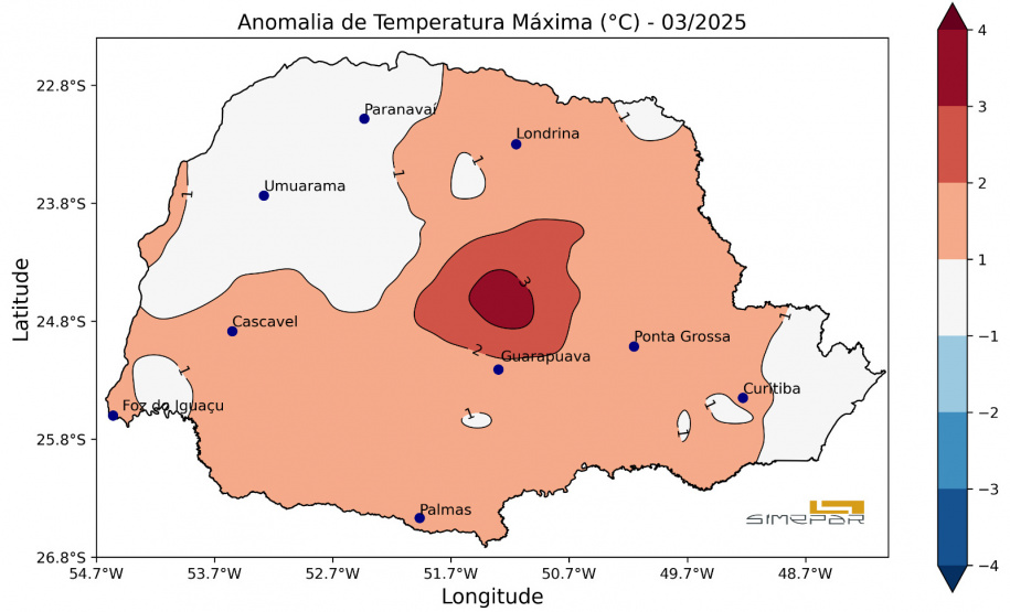 SIMEPAR MARÇO POUCA CHUVA TEMPERATURA ELEVADA