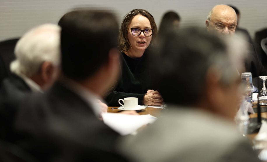 O governador Carlos Massa Ratinho Junior em reunião com delegação da União Europeia.