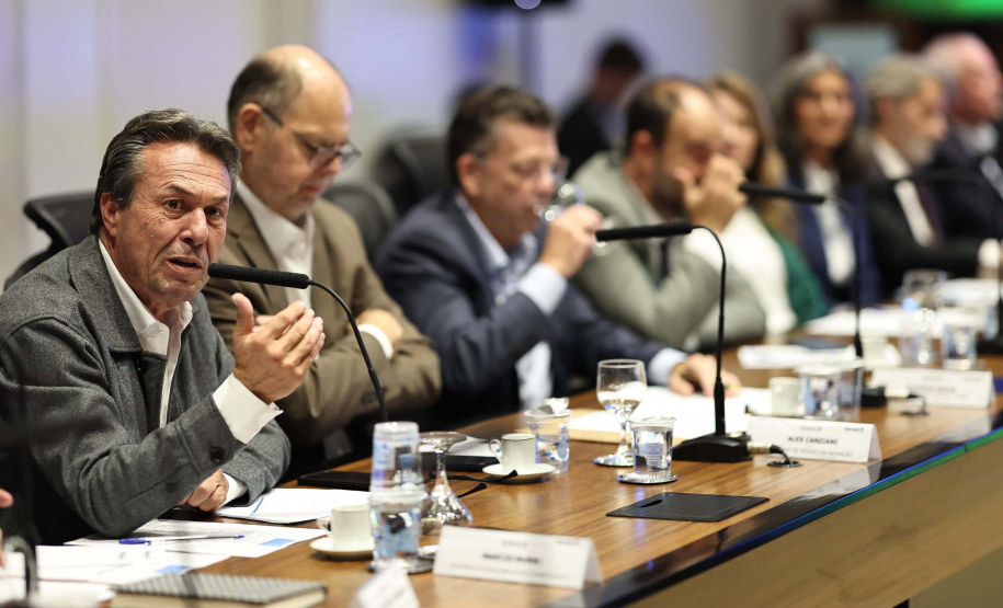 O governador Carlos Massa Ratinho Junior em reunião com delegação da União Europeia.