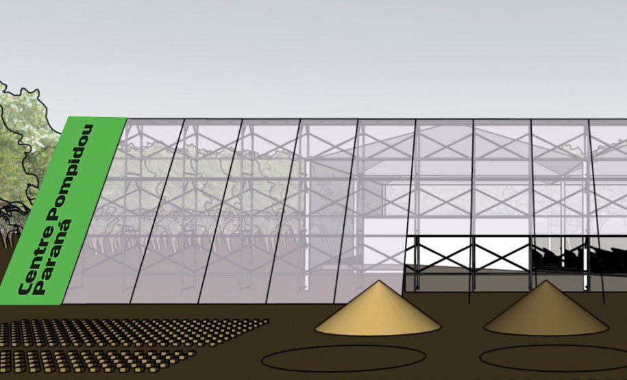 Projeto inicial do pavilhão que está sendo montado no espaço que vai receber o Centre Pompidou Paraná