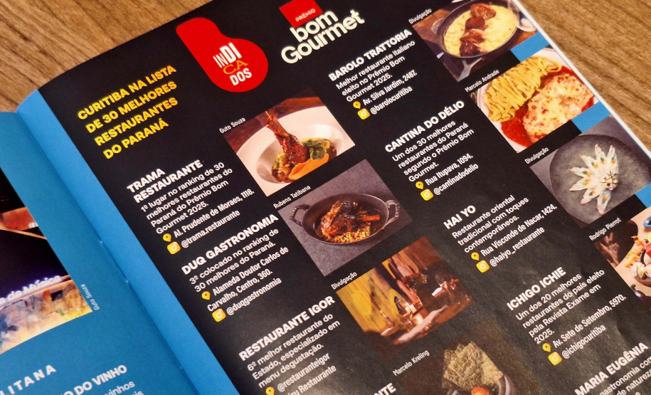 Guia exalta atrativos e 30 restaurantes premiados pelo Viaje Paraná no Prêmio Bom Gourmet