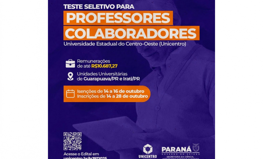 Unicentro abre inscrições para teste seletivo de professores colaboradores