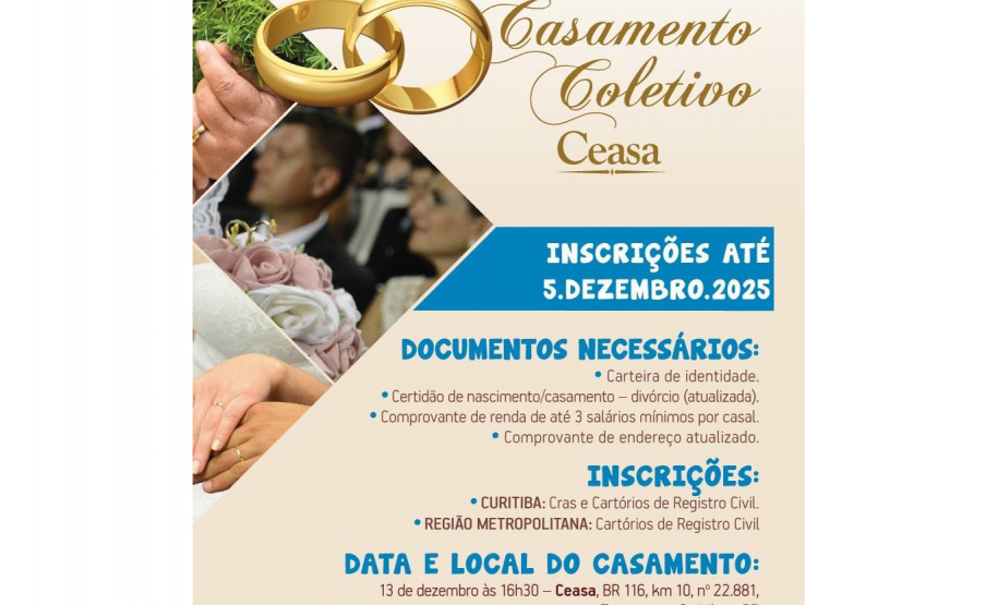 Ceasa Curitiba sedia Mega Ação de Cidadania e Casamento Coletivo em dezembro