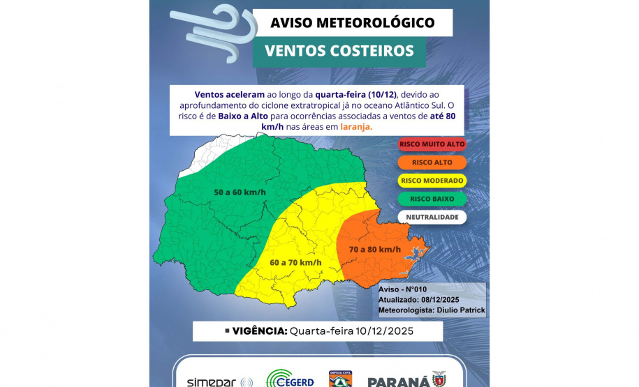 CICLONE NO RS CAUSA VENTOS CONSTANTES E RAJADAS FORTES NO PARANÁ NESTA QUARTA-FEIRA