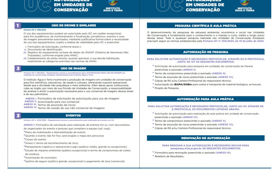IAT ELABORA MATERIAL INFORMATIVO PARA FACILITAR SOLICITAÇÃO DE AUTORIZAÇÕES PARA USO DE UNIDADES DE CONSERVAÇÃO