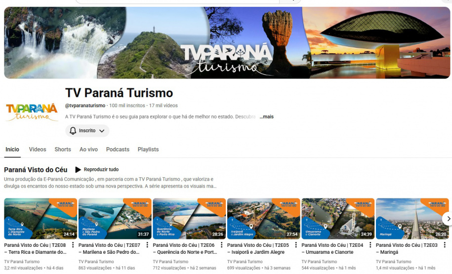 TV Paraná Turismo chega a 100 mil inscritos no YouTube