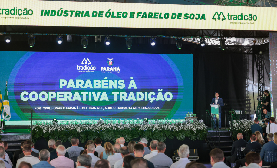 O governador Carlos Massa Ratinho Junior participa nesta quinta-feira (26), da inauguração de uma nova indústria de óleo e farelo de soja da Cooperativa Agroindustrial Tradição, em Pato Branco