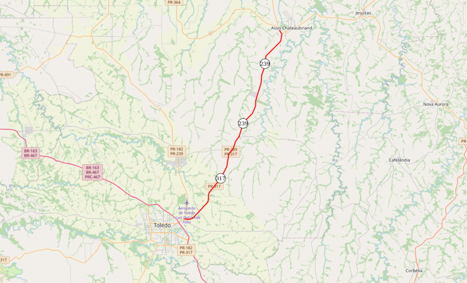 PR-239 e PR-317 entre Toledo e Assis Chateaubriand (mapa)
