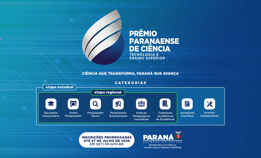 SETI - Com prazo estendido, Prêmio Paranaense de Ciência recebe inscrições até 27 de julho