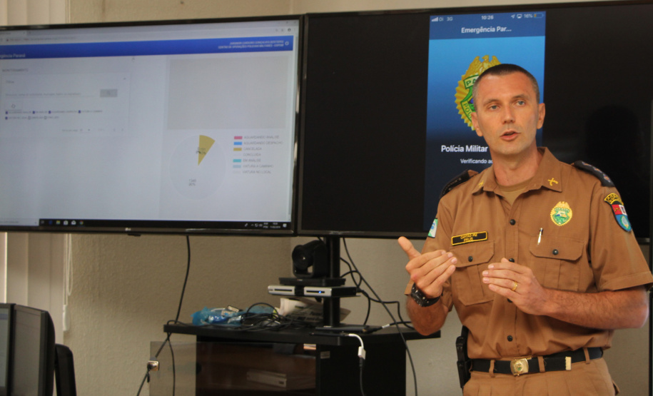 11-02-2019 Lançamento APP 190 para Sistema IOS a Polícia Militar do Paraná lançou o APP 190 ? Emergência Paraná para o sistema iOS e também divulgou um balanço dos quatro meses de funcionamento do aplicativo, que está em uso em Curitiba e Região Metropolitana na versão para Android, lançada no início de outubro do ano passado. Na foto, o capitão Claudio Prus. - Curitiba, 11/02/2019 - Foto: Soldado Priscilla Carvalho