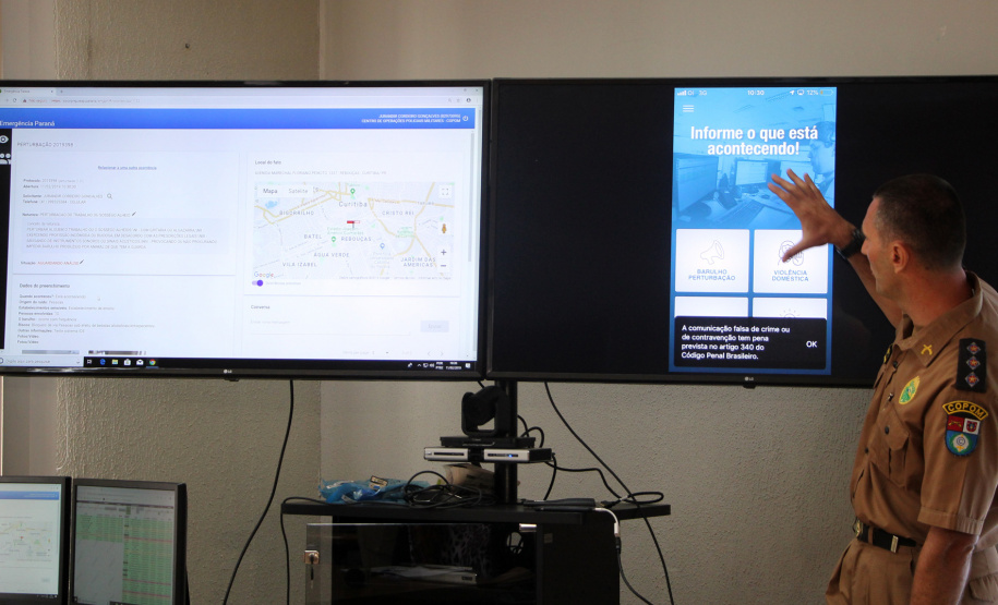 11-02-2019 Lançamento APP 190 para Sistema IOS a Polícia Militar do Paraná lançou o APP 190 ? Emergência Paraná para o sistema iOS e também divulgou um balanço dos quatro meses de funcionamento do aplicativo, que está em uso em Curitiba e Região Metropolitana na versão para Android, lançada no início de outubro do ano passado. Na foto, o capitão Claudio Prus. - Curitiba, 11/02/2019 - Foto: Soldado Priscilla Carvalho