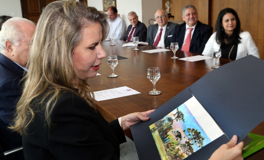 Reunião do governador Carlos Massa Ratinho Junior com a ministra de Indústria e Comércio do Paraguai, Liz Cramer; o governador do Departamento de Misiones, Carlos Arrechea Ortíz; o cônsul-geral do Paraguai no Brasil, Carlos José Fleitas Rodriguez, e empresários.  -  Curitiba, 14/02/2019  -  Foto: Gilson Abreu/ANPr