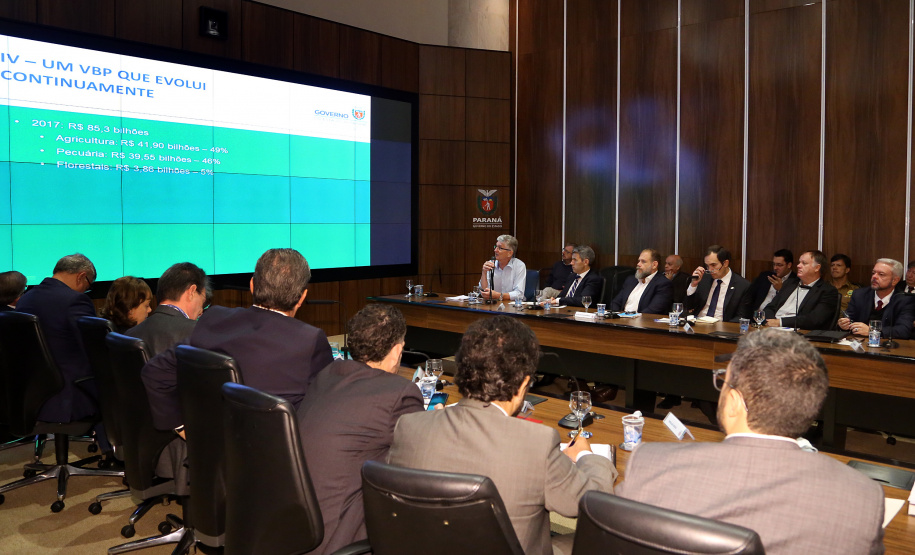 O agronegócio paranaense representa 33% do PIB do Estado, emprega 840 mil pessoas e é responsável por 70% das exportações, algo em torno de US$ 14 bilhões por ano, segundo apresentação feita pelo secretário da Agricultura e Abastecimento, Norberto Ortigara, na reunião de secretariado desta terça-feira (12).  -  Curitiba, 12/03/2019  -  Foto: Gilson Abreu/ANPr
