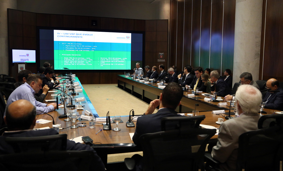 O agronegócio paranaense representa 33% do PIB do Estado, emprega 840 mil pessoas e é responsável por 70% das exportações, algo em torno de US$ 14 bilhões por ano, segundo apresentação feita pelo secretário da Agricultura e Abastecimento, Norberto Ortigara, na reunião de secretariado desta terça-feira (12).  -  Curitiba, 12/03/2019  -  Foto: Gilson Abreu/ANPr