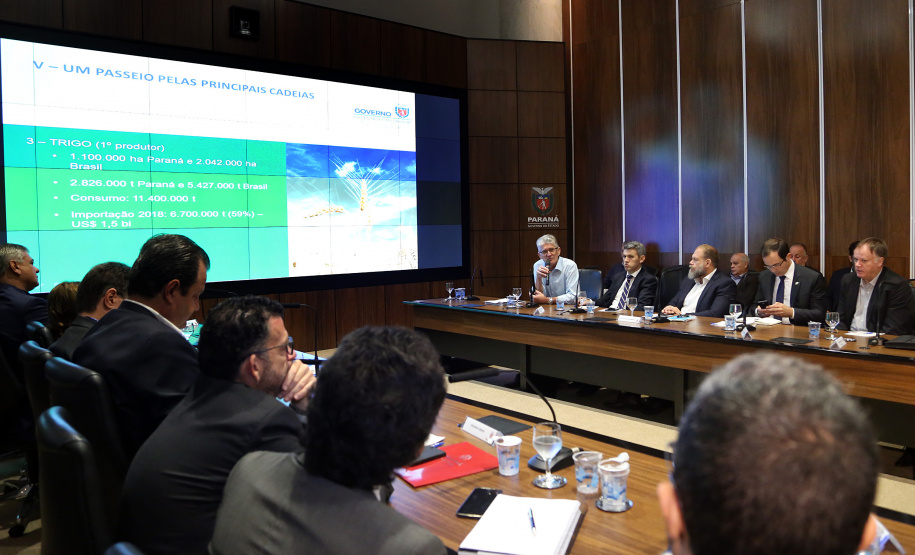 O agronegócio paranaense representa 33% do PIB do Estado, emprega 840 mil pessoas e é responsável por 70% das exportações, algo em torno de US$ 14 bilhões por ano, segundo apresentação feita pelo secretário da Agricultura e Abastecimento, Norberto Ortigara, na reunião de secretariado desta terça-feira (12).  -  Curitiba, 12/03/2019  -  Foto: Gilson Abreu/ANPr