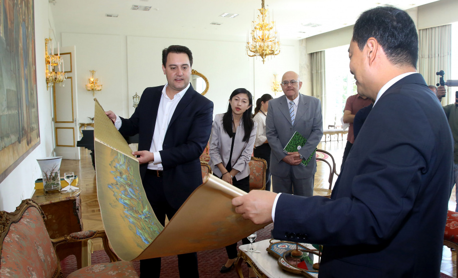 A China quer ser parceira do Paraná em obras de infraestrutura, com grande interesse no projeto do corredor bioceânico, que ligará os portos de Paranaguá, no Litoral do Estado, ao de Antofagasta, no Chile. O assunto foi tratado nesta quinta-feira (14) entre o governador Carlos Massa Ratinho Junior e o embaixador da República Popular da China, Yang Wanming, no Palácio Iguaçu. - . Curitiba,14/03/2019 Foto:Jaelson Lucas/ANPr