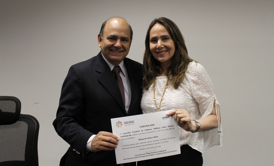 O secretário da Segurança Pública e Administração Penitenciária do Paraná, Luiz Felipe Carbonell, participou nesta quarta-feira (20) da solenidade de posse do novo presidente e dos novos conselheiros dos Conselho Estadual de Políticas Públicas sobre Drogas (Conesd) para o biênio 2019-2021.A cerimônia ocorreu na sede da secretaria, no Centro Cívico, em Curitiba.  -  Curitiba, 20/03/2019  -  Foto: Divulgação SESP