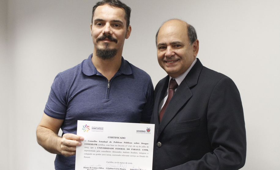 O secretário da Segurança Pública e Administração Penitenciária do Paraná, Luiz Felipe Carbonell, participou nesta quarta-feira (20) da solenidade de posse do novo presidente e dos novos conselheiros dos Conselho Estadual de Políticas Públicas sobre Drogas (Conesd) para o biênio 2019-2021.A cerimônia ocorreu na sede da secretaria, no Centro Cívico, em Curitiba.  -  Curitiba, 20/03/2019  -  Foto: Divulgação SESP