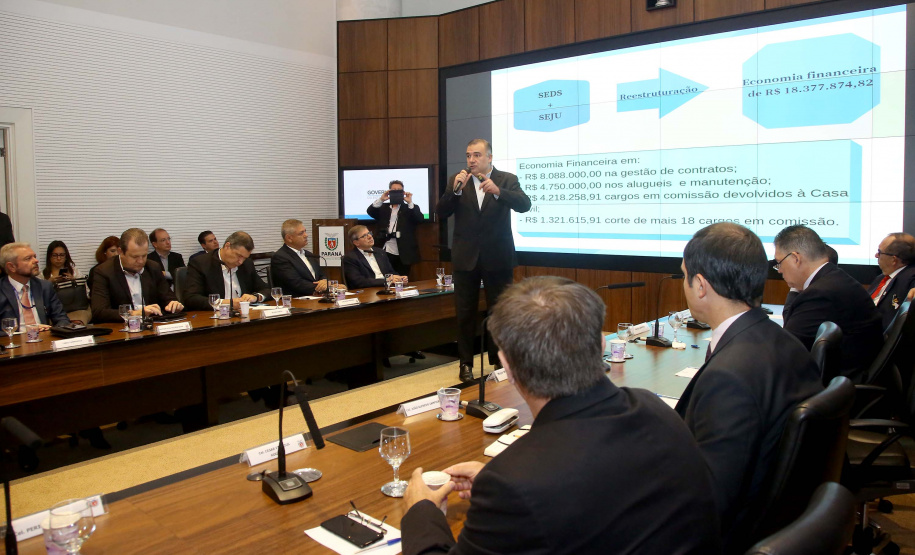 O Governo do Paraná, por meio da Secretaria da Justiça, Família e Trabalho, reforçou as ações de garantia de direitos, assistência social e apoio à geração empregos. Só nos três primeiros meses de gestão foram mais de 100 ações nesta área. O desempenho nesta área foi tema da reunião do vice-governador Darci Piana com o secretariado, realizada nesta terça-feira (2), no Palácio Iguaçu, em Curitiba. Curitiba, 02/04/2019  -  Foto: Jaelson Lucas/ANPr