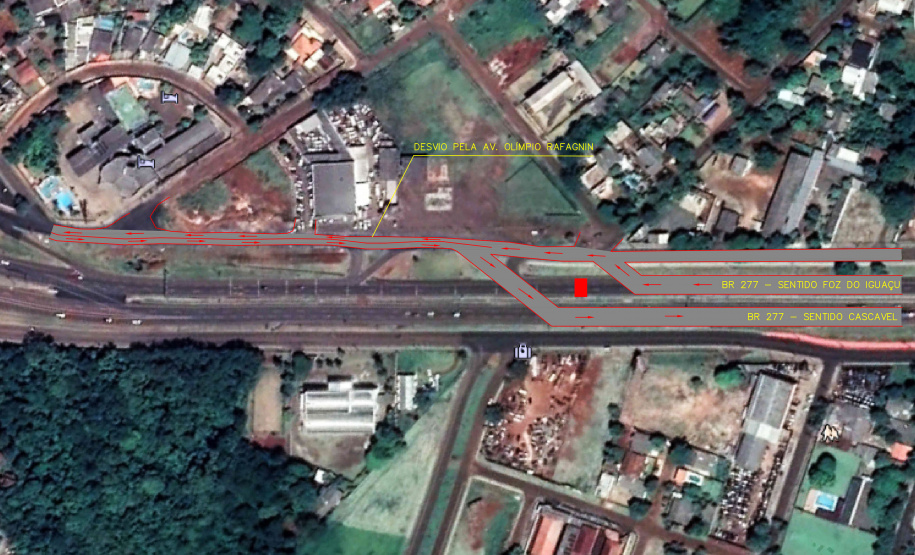 Layout1 Departamento de Estradas de Rodagem do Paraná (DER-PR) vai alterar o desvio da BR-277, em Foz do Iguaçu, a partir de sábado (6). Para ter acesso e também sair da cidade, os motoristas deverão utilizar a via marginal (Avenida Olímpio Rafagnin), que terá trânsito em uma faixa em cada sentido. A previsão é que essa alteração dure quatro meses para prosseguimento da obra de construção de duas trincheiras no entroncamento da Avenida Costa e Silva com a rodovia. - Foto: Divulgação DER