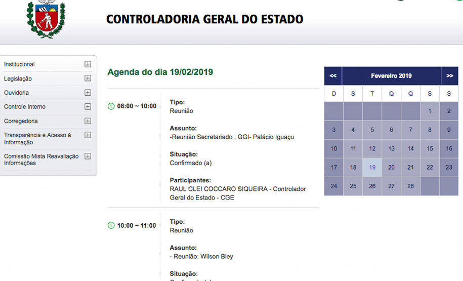 Por determinação do governador Carlos Massa Ratinho Junior, a Controladoria Geral do Estado (GGE) editou uma resolução e solicitou a todos os secretários de Estado a divulgação de suas agendas nos portais institucionais das respectivas pastas. O objetivo é disponibilizar a ferramenta para consulta pública até o começo de março.  -  Curitiba,19/02/2019 -  Foto: ANPr