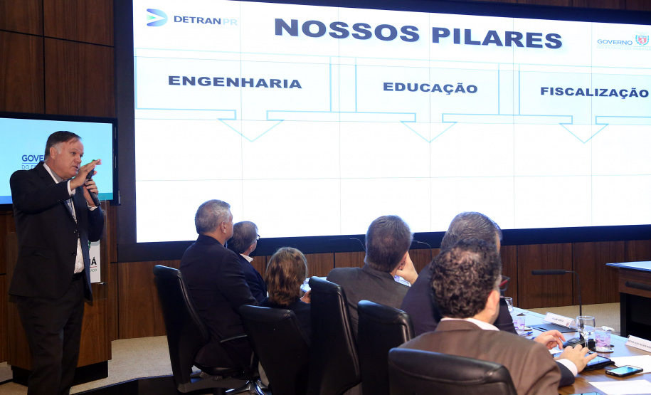 O Departamento de Trânsito do Paraná (Detran) vai intensificar as operações e ações educativas para diminuir os números de acidentes Estado. O assunto foi apresentado nesta terça-feira (23) pelo diretor-geral do órgão, Cesar Kogut, durante a reunião da equipe do governo, no Palácio Iguaçu. O encontro foi coordenado pelo governador em exercício Darci Piana. Foto Gilson Abreu ANPr
