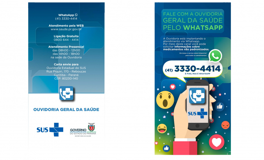 A Ouvidoria Geral da Saúde, órgão da Secretaria da Saúde do Paraná, lança hoje mais um canal de comunicação com a população - via WhatsApp. Nesta primeira etapa, o serviço receberá as mensagens de usuários da 2ª Regional de Saúde de Curitiba, que poderão cadastrar o número (41) 3330 4414  para entrar em contato e solicitar informações sobre medicamentos não padronizados na Farmácia do Estado. Foto:SESA