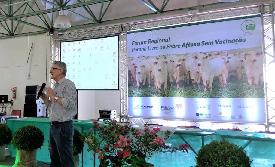 O Paraná começou nesta terça-feira (14), em Paranavaí, o primeiro fórum “Paraná livre de febre aftosa sem vacinação”, evento promovido pelo Governo do Estado e parceiros com o objetivo de debater a suspensão da vacina contra febre aftosa no estado