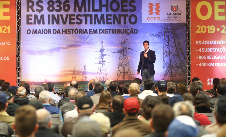 O governador Carlos Massa Ratinho Junior e o presidente da Copel, Daniel Pimentel Slaviero, anunciam nesta sexta-feira (24) os investimentos da Companhia na região Oeste do Paraná para os próximos três anos. Foto: Rodrigo Felix Leal/ANPr