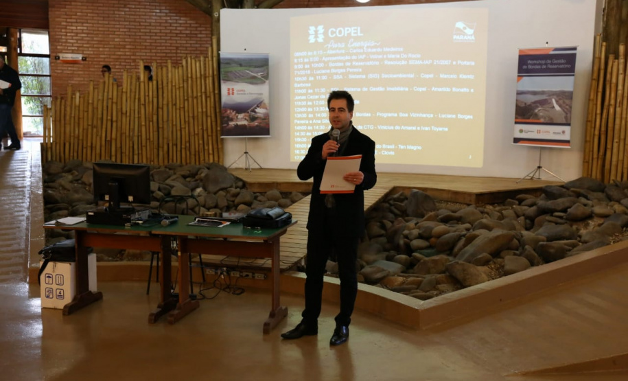 A Companhia de Energia Elétrica (Copel) promoveu nesta quinta-feira (06), emparceria com Secretaria de Estado do Desenvolvimento Sustentável e doTurismo e o Instituto Ambiental do Paraná (IAP), o Workshop de Gestão deBordas de Reservatório, realizado no Centro de Eventos de Faxinal do Céu, nomunicípio de Pinhão.  Faxinal do Céu, 06/06/2019  -  Foto: Valdemir Daniel Cavalheiro / Copel