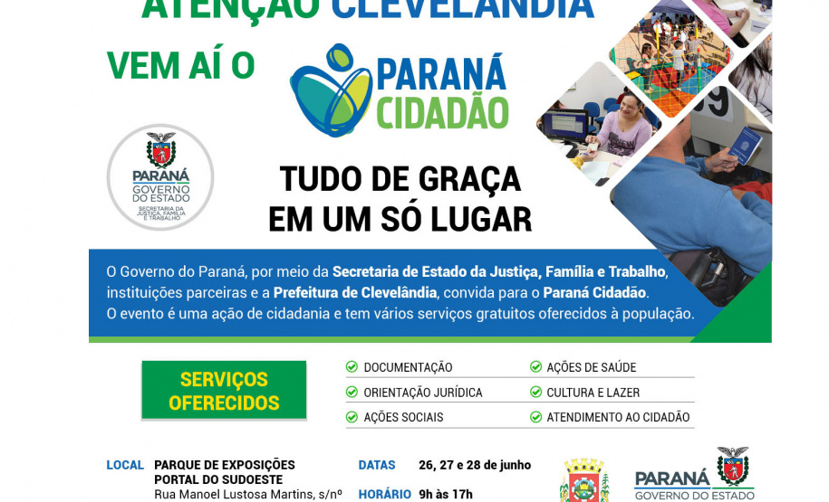 Os moradores de Clevelândia, município localizado no Centro-Sul do Paraná recebem nesta semana diversas ações gratuitas com a feira de serviços Paraná Cidadão. O mutirão de cidadania acontece a partir de quarta-feira (26), no Parque de Exposições Portal do Sudoeste, das 9h até ás 17h. Neste primeiro dia serão confeccionados documentos pessoais para menores de idade ? carteira de identidade, RG e CPF, ação exclusiva do Projeto Criança e Adolescente Protegidos.