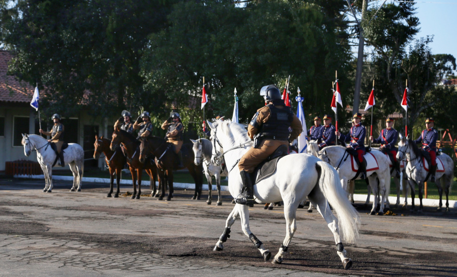 O governador Carlos Massa Ratinho Junior e o presidente em exercício Hamilton Mourão receberam nesta sexta-feira (28) a medalha Heróis da Cavalaria, da Polícia Montada Coronel Dulcídio. A condecoração foi entregue na cerimônia, em Curitiba, que comemora os 140 anos do regimento, que é a unidade mais antiga da Polícia Militar do Paraná.  -  Curitiba, 28/06/2019  -  Foto: José Fernando Ogura/ANPr